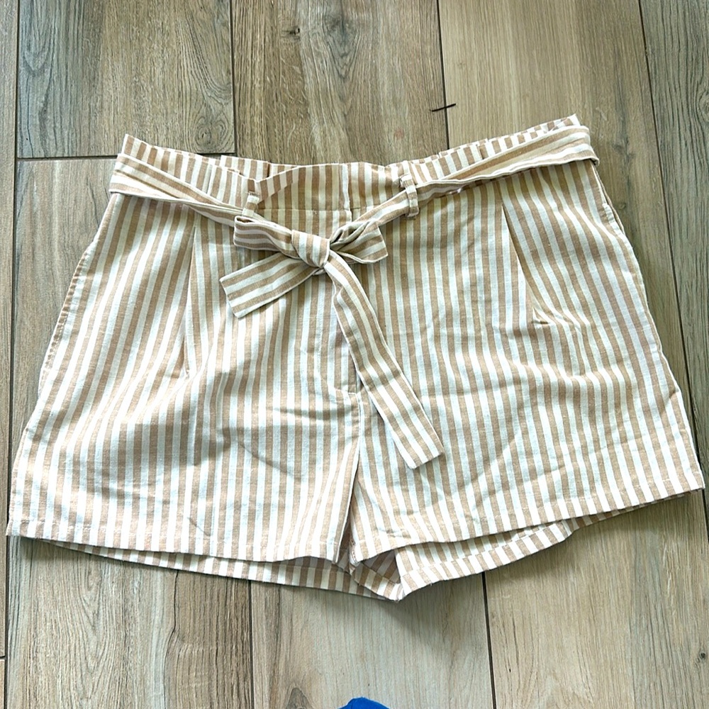Tan & white striped paper bag shorts